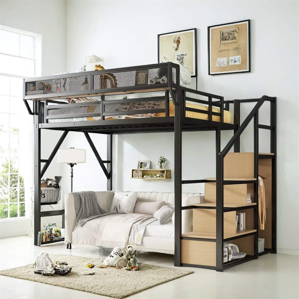 Queen Size Loft Bed with Stairs,Metal Queen Loft Bed w/Storage Shelves