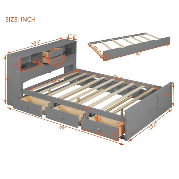 Wooden Full Size Pltaform Bed with Trundle, 3 Drawers, Upper Shelves
