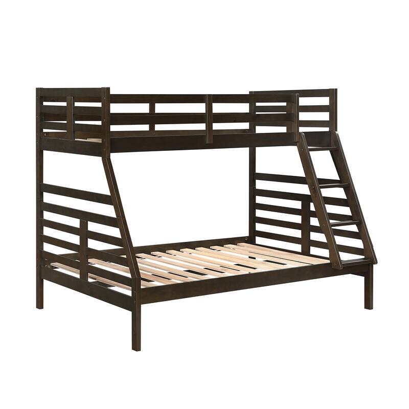 Twin Over Full Bunk Bed in Dark Brown, Durable Wood, Space-Saving Youth Furniture