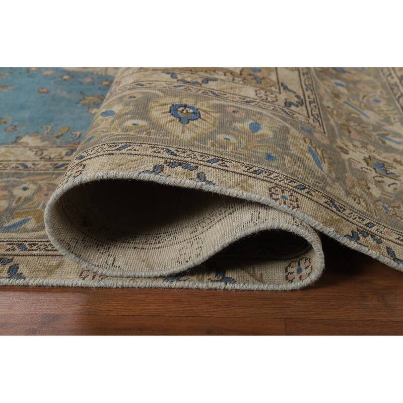 Blue Traditional Tabriz Persian Vintage Rug Hand-Knotted Wool Carpet - 7'10" x 10'10"