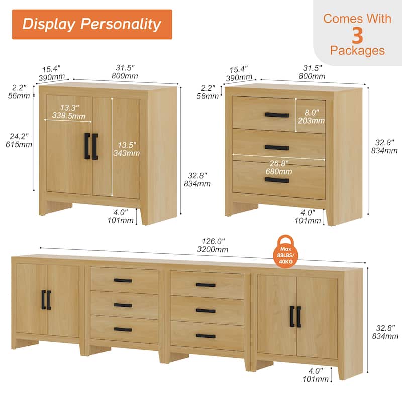 WAMPAT Extra Wide 126" Modern Farmhouse TV Stand，Wood Media Console with 6 Drawers & 2 Double Door Cabinets