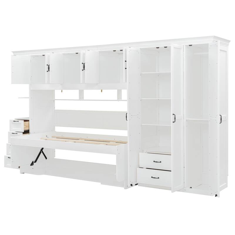 Space-Saving Twin Murphy Bed with Wardrobe, Desk, and Storage, White