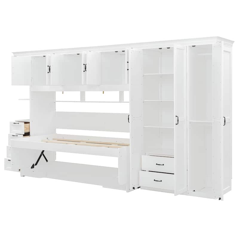Versatile Twin Size Murphy Bed Fold-down Storage Wall Bed with Temporary Desk, Top Cabinets, Side Wardrobe, Drawers and Shelves