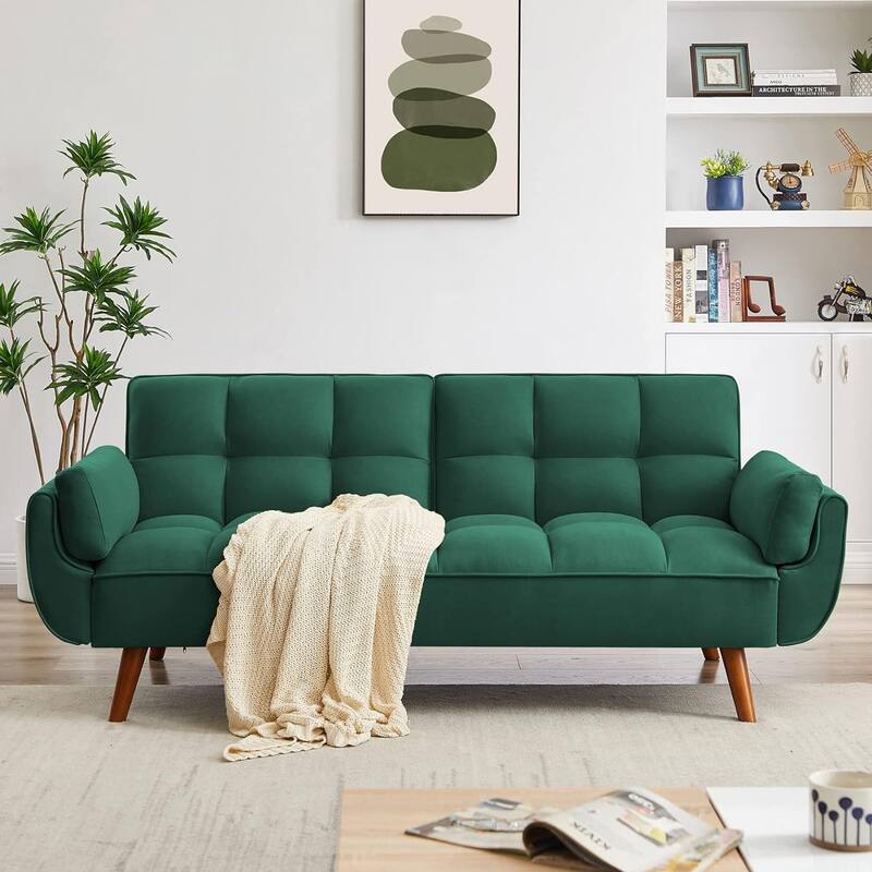 75.39" Futon Sofa Bed, Convertible Folding Futon Couch Recliner Lounge For Living Room With 2 Pillow/Armrest - Green