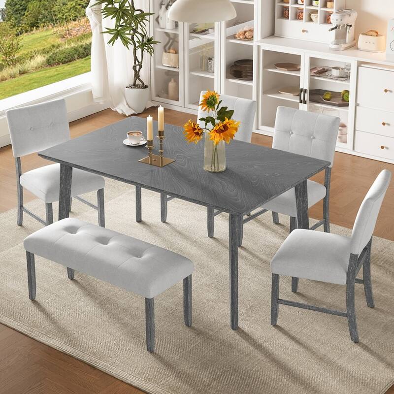 Rustic Farmhouse Wooden 6-piece Dining Set with 4 Upholstered Chairs and Bench - Grey