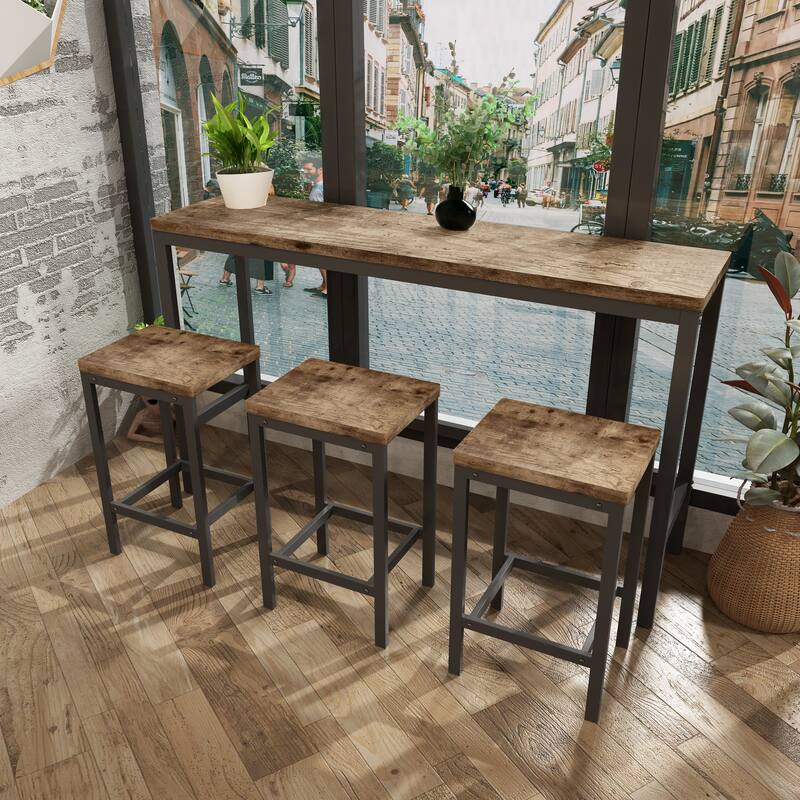 Long Dining Table Set with 3 Stools Pub Kitchen Set Side Table with Footrest
