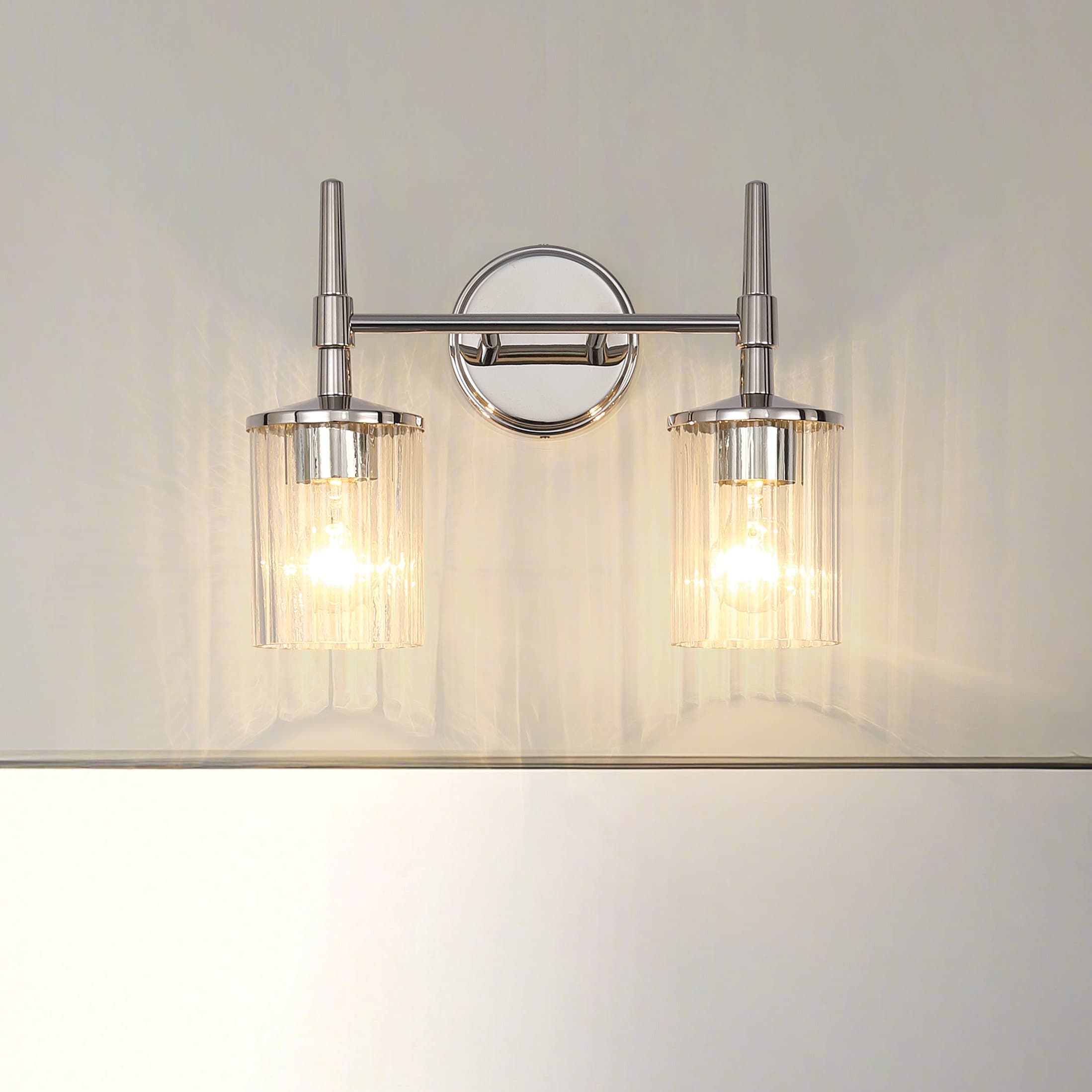 Thesis Andrea 15-inch 2-light Polished Nickel Vanity Light with Clear Ribbed Glass Shades