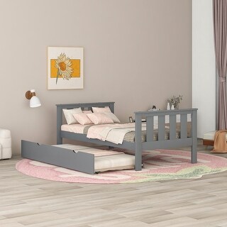 Twin Bed Frame Wood Platform Bed with Pull Out Trundle and Headboard and Footboard