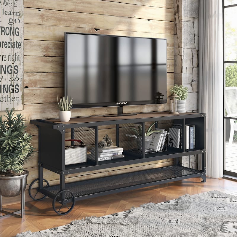 Krueger Rustic Sand Black 68-inch Steel Powder Console with Wire Mesh by Furniture of America