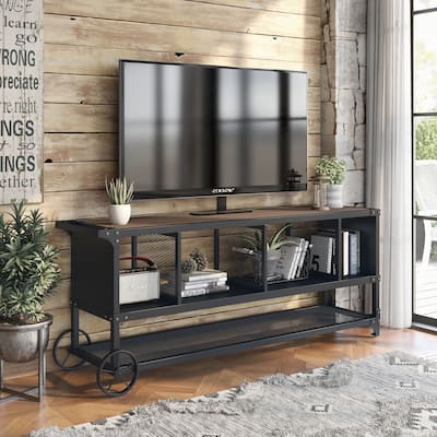 Krueger Rustic Sand Black 68-inch Steel Powder Console with Wire Mesh by Furniture of America
