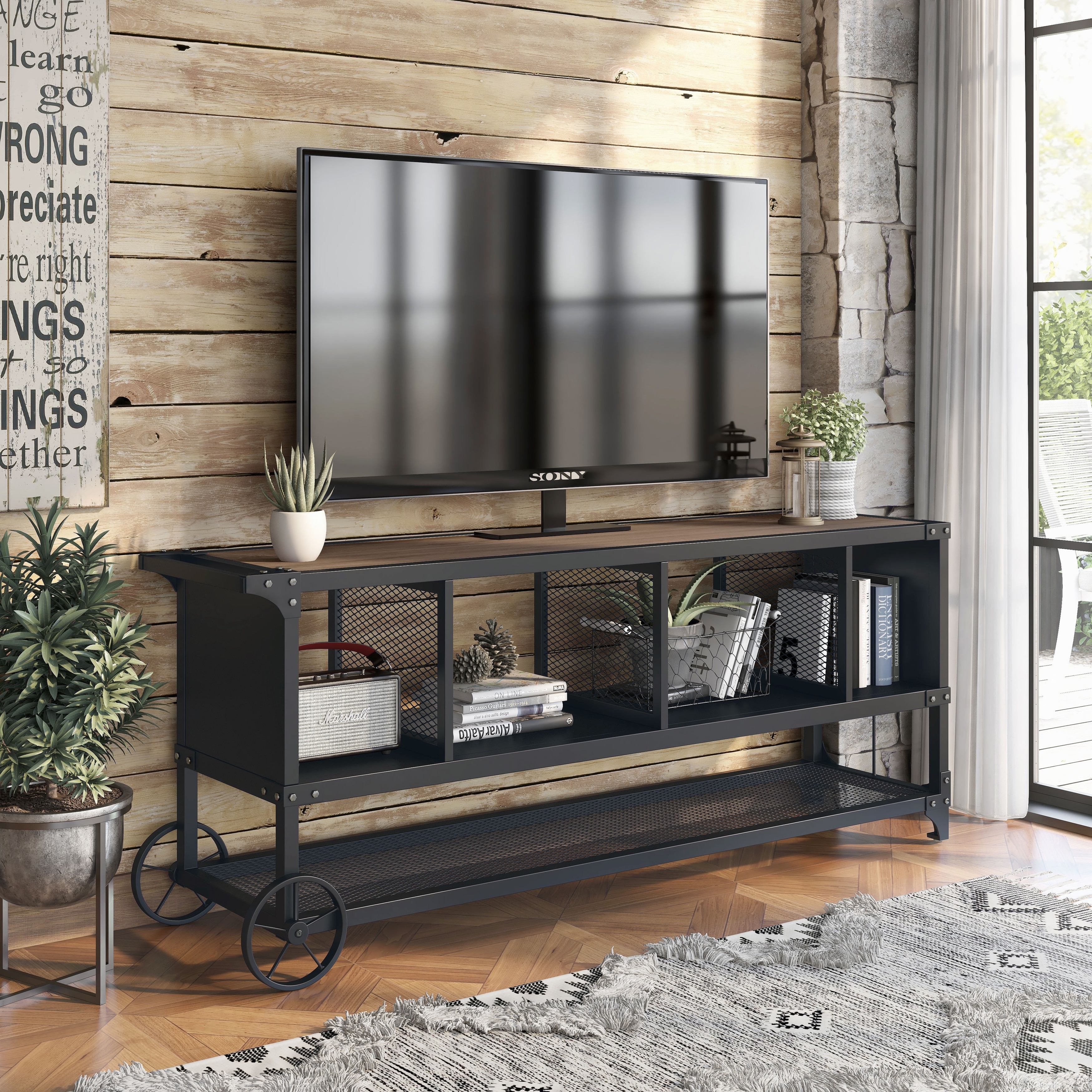 Furniture of America Krueger Rustic Sand Black 68-inch Steel Powder Console with Wire Mesh