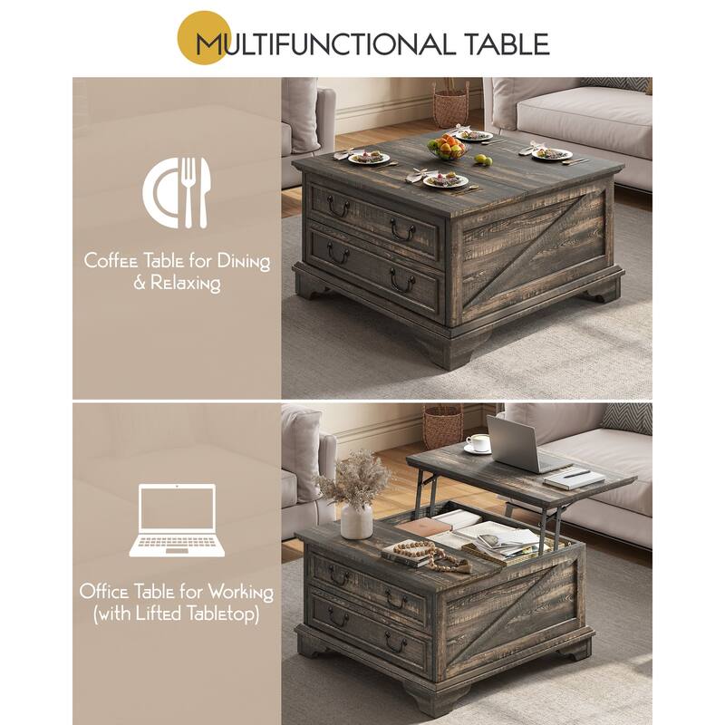 Moasis Farmhouse 31" Lift Top Square Coffee Table with 2 Drawers and Hidden Storage
