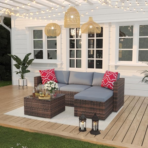 slide 2 of 14, 5-Piece Patio Furniture Set, Weather Patio Set - PE Wicker Brown+Light Grey