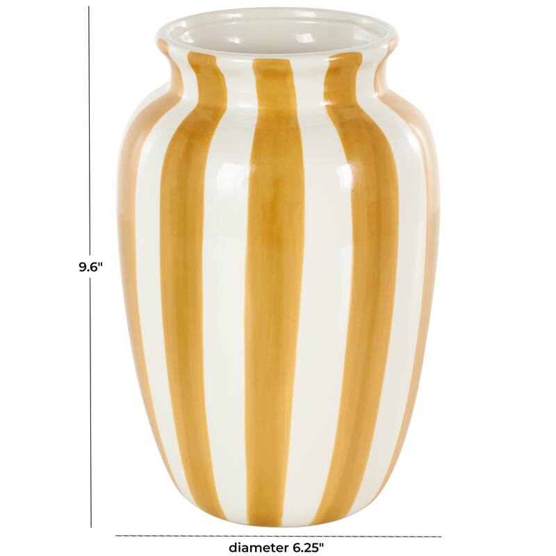 White Ceramic Round Wide Decorative Vase with Yellow or Teal Vertical Stripes