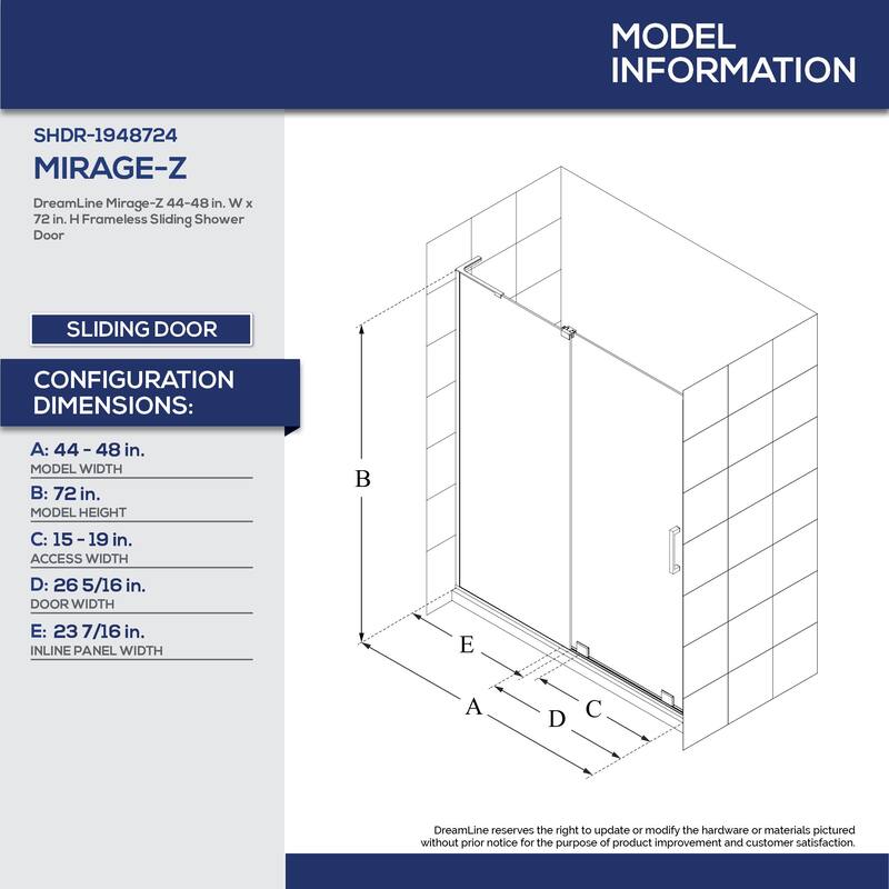 DreamLine Mirage-Z 44-48 in. W x 72 in. H Frameless Sliding Shower Door - 44" - 48" W