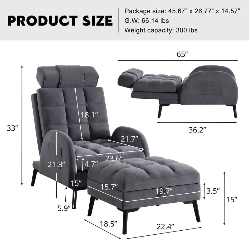 HOMYKA Upholstered Chaise Lounge Adjustable Backrest Chair with Storage Ottoman On Sale Bed