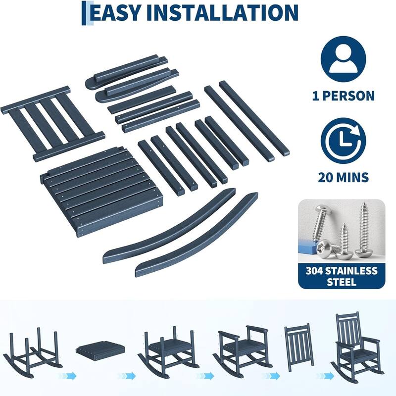 2-Piece HDPE Rocking Chair Set with Table All-Weather High-Back Porch Rockers for Adults Black