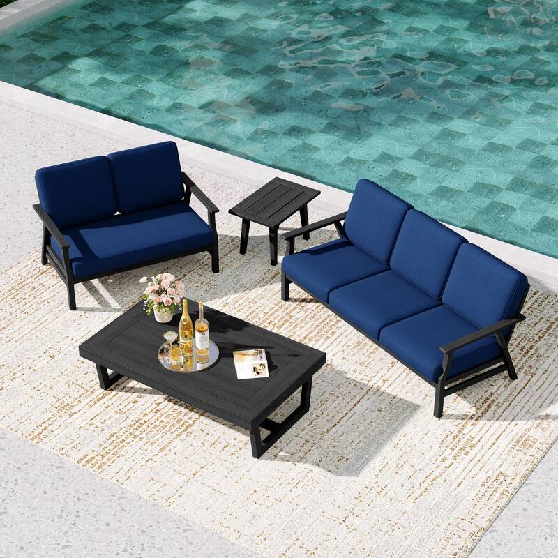 Teak Outdoor Seating Set with Daybed & Tables. - Black Wood - Navy/4-piece