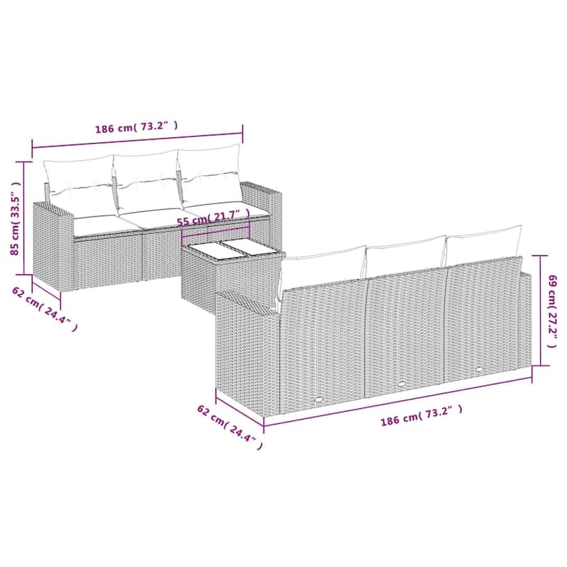 vidaXL Patio Sofa Set with Cushions Outdoor Furniture 7 Piece Poly Rattan - 25.8" x 24.4" x 27.2"