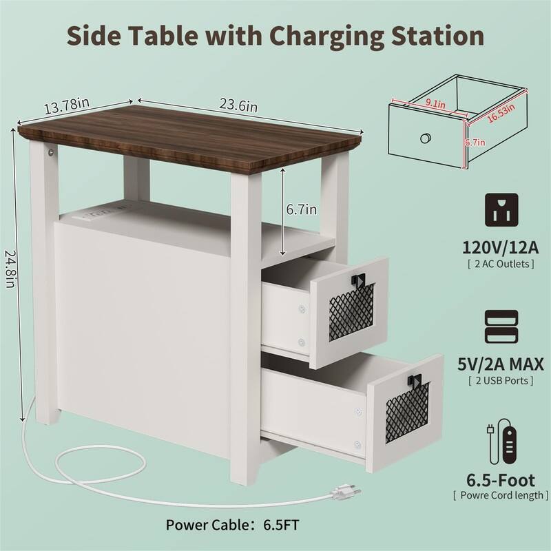 End Table with Charging Station - 13.78"D x 23.6"W x 24.8"H