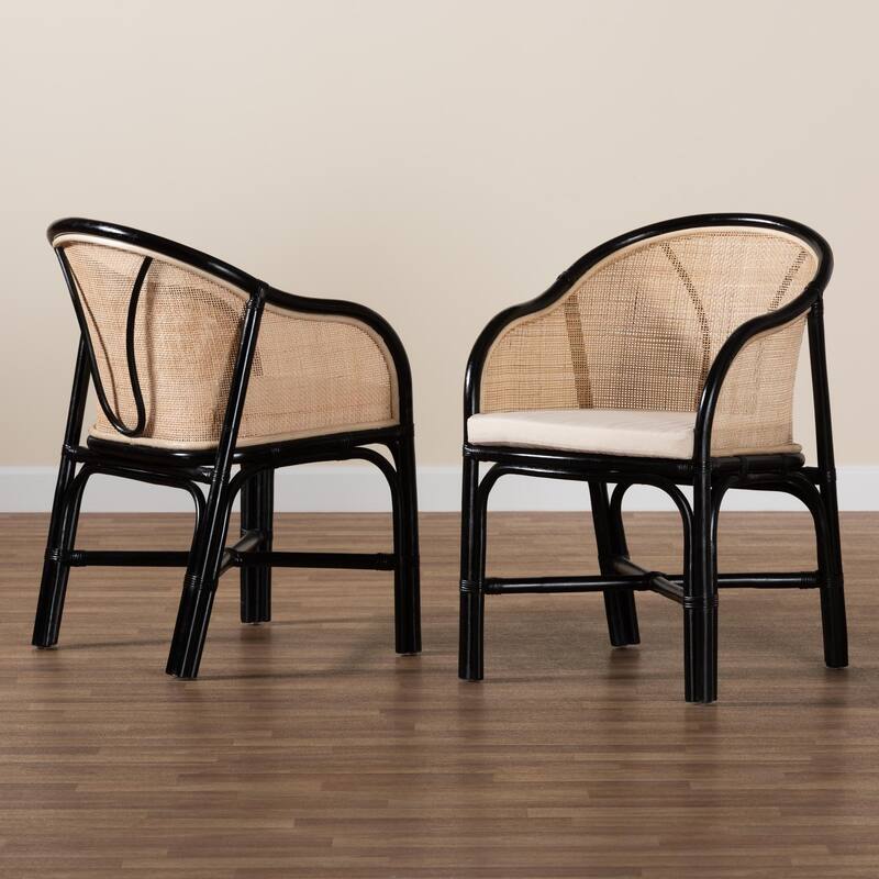 Miranda Modern Bohemian Two-Tone Black and Natural Brown Rattan 2-Piece Dining Chair Set