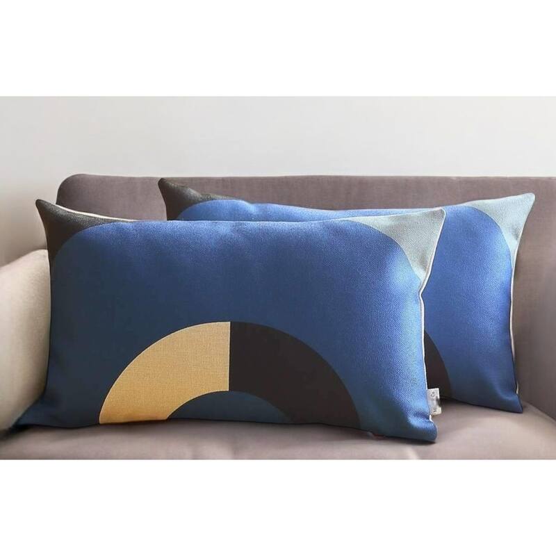 Set of Two 12" X 20" Blue Black and Beige Geometric Fabric Lumbar Throw Pillows - Beige/Blue/Black