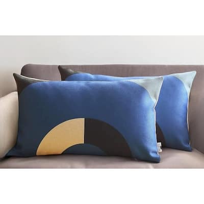 Set of Two 12" X 20" Blue Black and Beige Geometric Fabric Lumbar Throw Pillows
