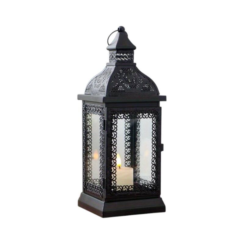 13" Clear And Black Glass And Metal Tabletop Lantern Candle Holder