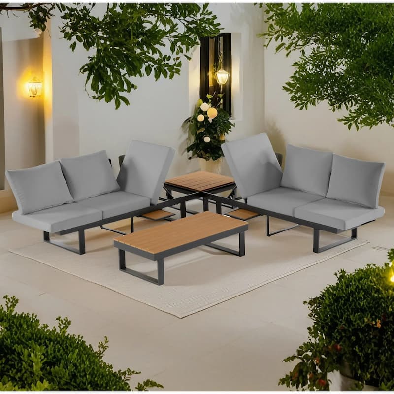 Outdoor Modular Sectional Sofa Set with Coffee Table, Side Table, and Adjustable Reclining Seats - Grey