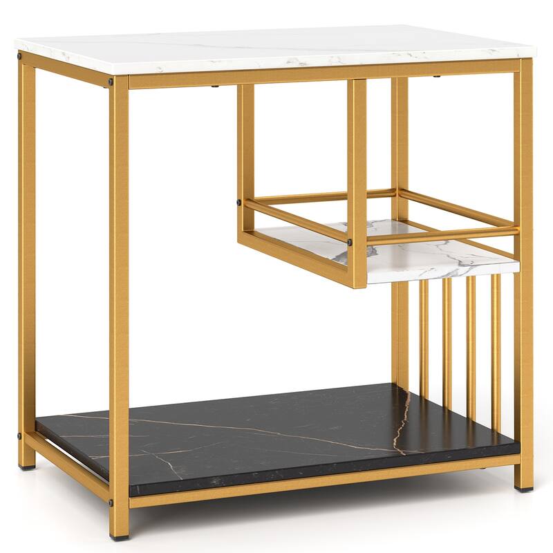 Modern Marble and Gold Side Table with 3-Tier Storage Shelves for Living Room or Bedroom Use - 23.5" x 15.5" x 24" (L x W x H)