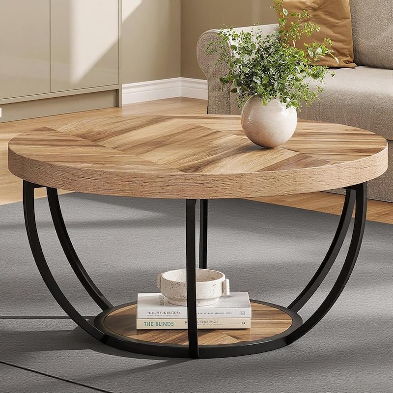 Engineered Wood Round Coffee Table with 2-Tier Metal Base - 31.69" L x 31.69" W x 17.32" H