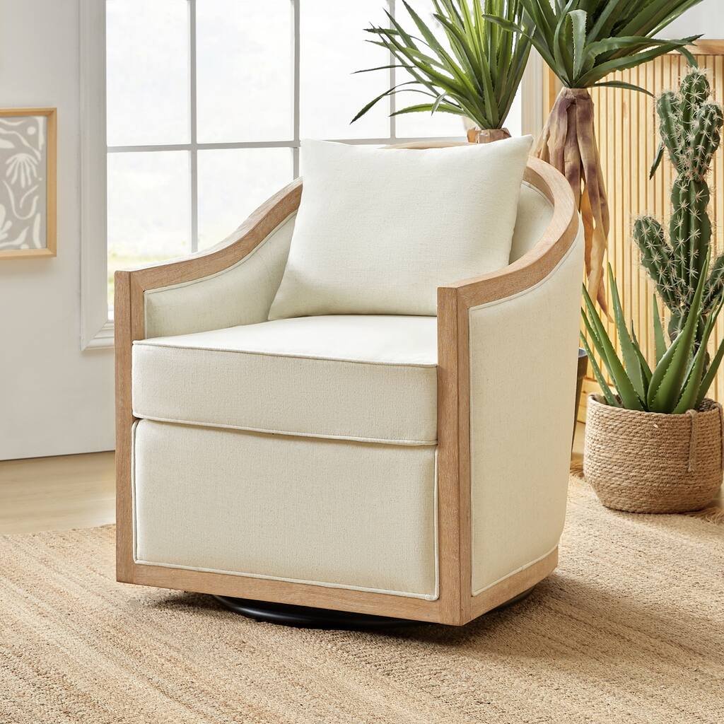 Paul Jess Farmhouse Solid Wood Edging Swivel Barrel Chair with Fully Assembled and a Pillow by HULALA HOME