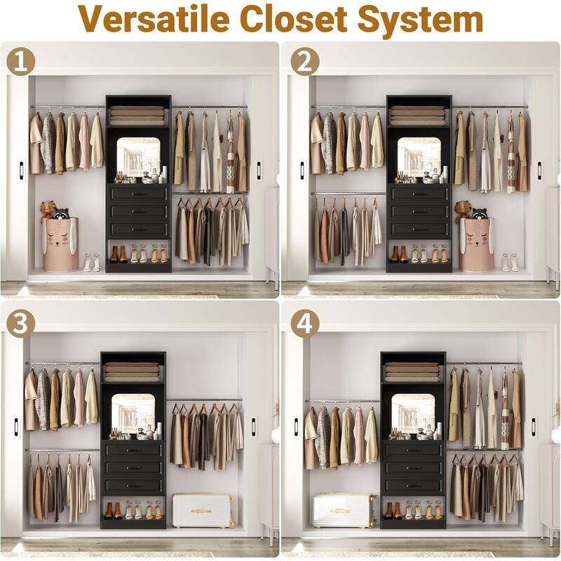 New Style 48"-96” Wide Closet System with Mirror, Sturdy Walk-in Closet Organizer with Drawers and 3 Extendable Hanging Rods