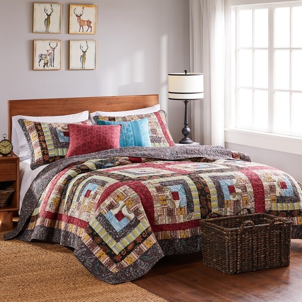 BEAUTIFUL COZY PATCHWORK BOHEMIAN LOG LODGE CABIN GREEN BLUE RED QUILT SET ~ 