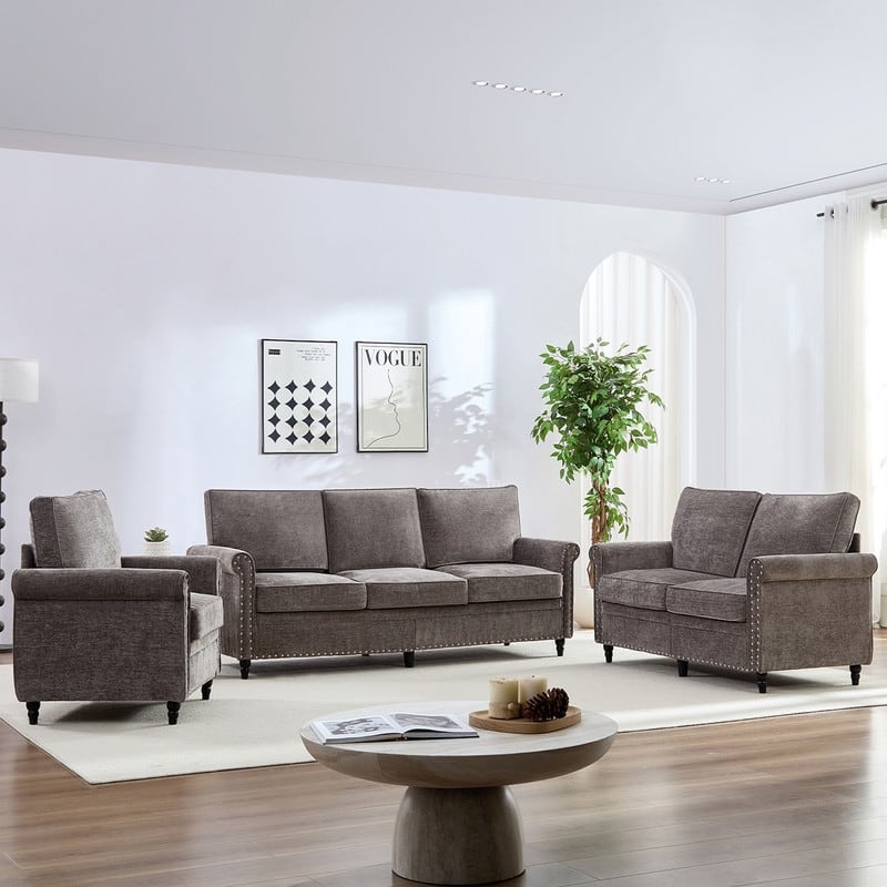 Mixoy 3Piece Chenille Living Room Sofa Set,Modern 3-Seater Sofa Couch&Loveseat Sofa&Single Sofa Armchair Set,Unique Riveted Look - Light Grey - 3+2+1
