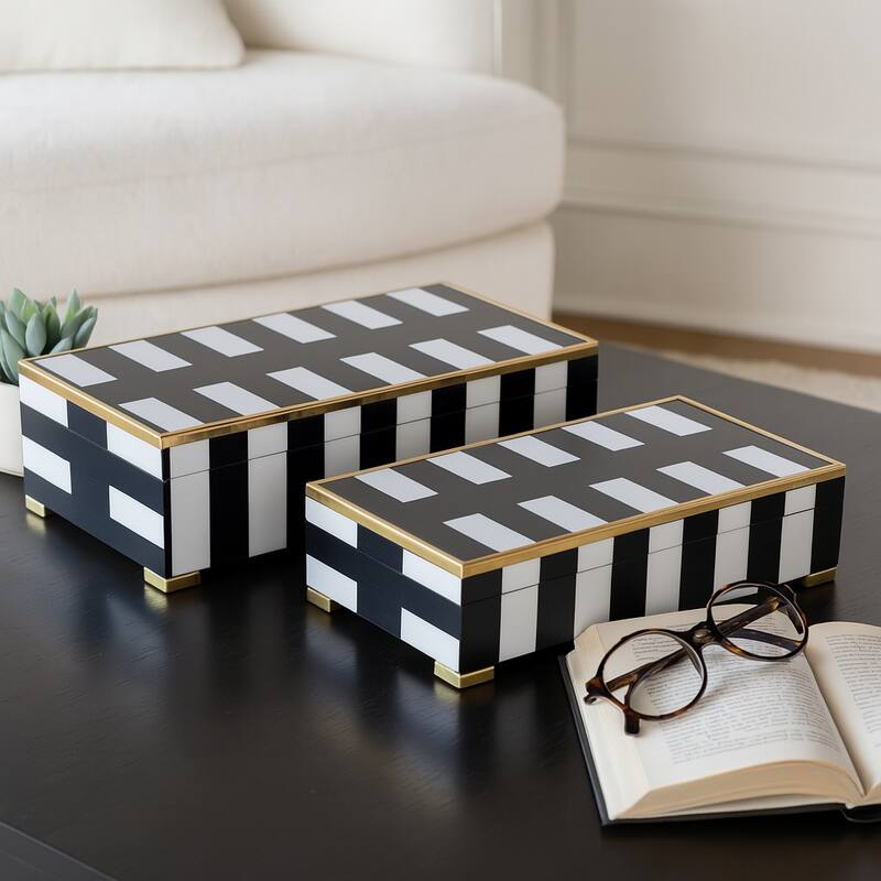 Resin Decorative Boxes with Stripe (Set of 2) - 4" & 3" Black, White - 14" x 8.5" x 4"