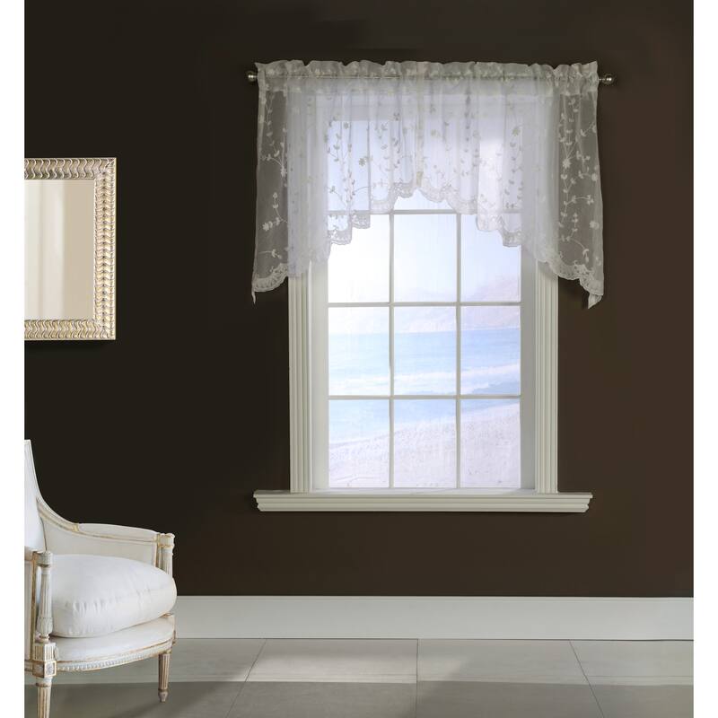 Grandeur Embroidered Sheer Curtain Valance and Tiers with Scallop Detail - 80" x 36" - White