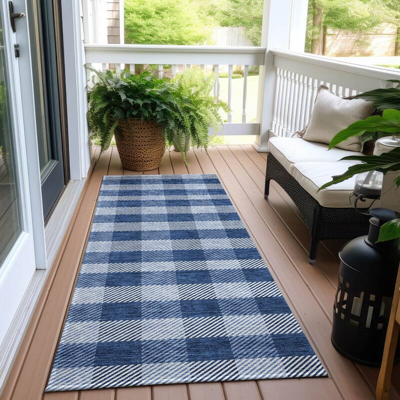 Machine Washable Indoor/ Outdoor Chantille Plaid Stripe Rug - Navy - 2'3" x 7'6"