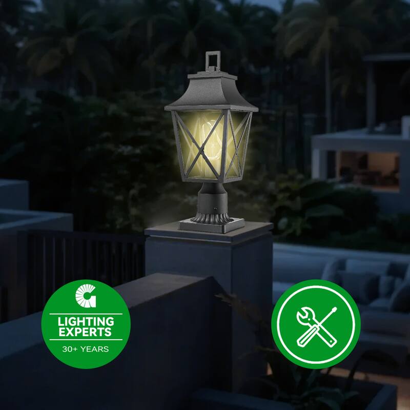 Modern Black Outdoor Post Light Fixture with Pier Mount Base, Outdoor Column Lamp Post Lantern with Glass