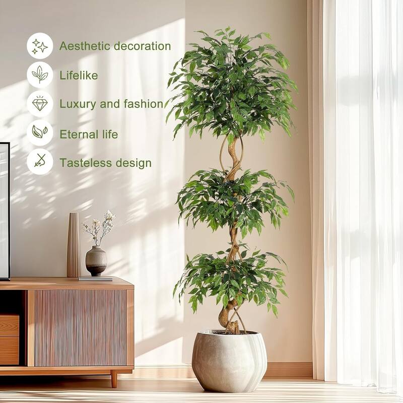 Artificial Faux Silk Ficus Tree with Curved Trunks for Indoor Home Decor