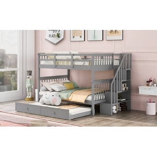 Full Over Full Wood Bunk Bed with Trundle, Stairs & Storage Racks