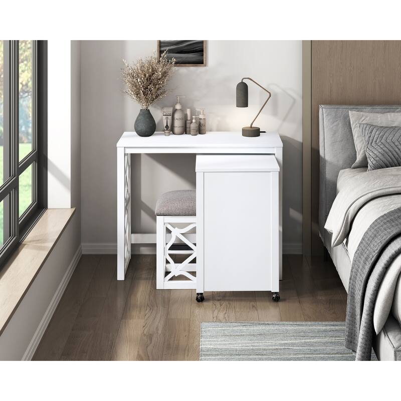 Desks and Stool Set 3pc White Finish Rolling Desk with Casters, 2 Charging ports Home Office Furniture