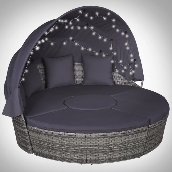 vidaXL 4 Piece Outdoor Lounge Set with Cushions LEDs Poly Rattan Gray - 72.8" x 36.4" x 27.6"