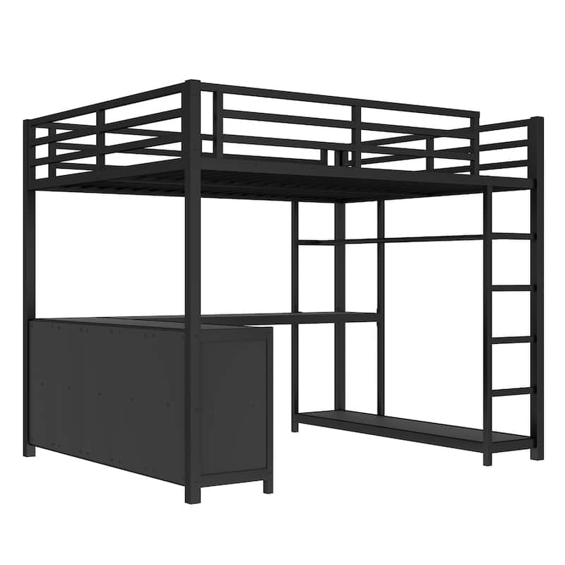 Queen Size Metal Loft Bed with L-Shaped Desk and Built-in Wardrobe