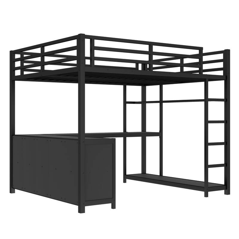 Roomfitters Queen Metal Loft Bed with Wardrobe and L-Shaped Desk, Storage Shelves and Ladder, Black