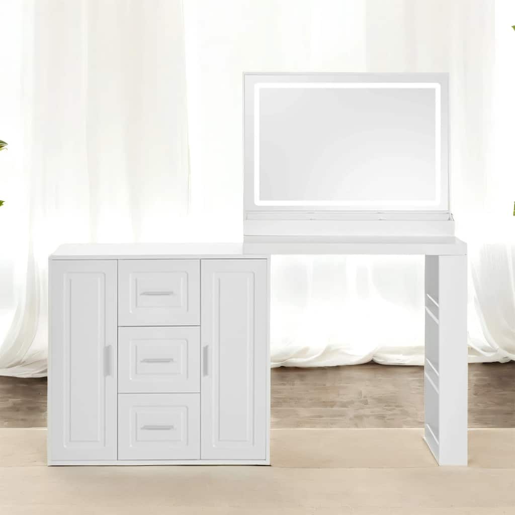 Modern Dressing Table w/ LED Mirror, Adjustable Brightness, 3 Drawers