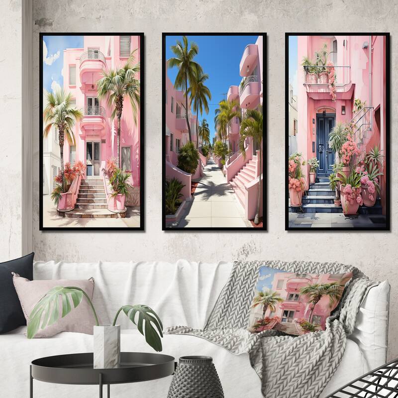 Designart "Pink Miami Artful Facades II" Floral Framed Wall Art Set Of 3 Frame Canvas Set For Living Room Decor - 38 in. wide x 28 in. high - 3 Panels - Black