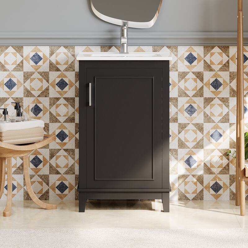 20 Inch Modern Small Bathroom Vanity Cabinet With Ceramic Basin,Ample Storage,1 Soft Close Doo - Black