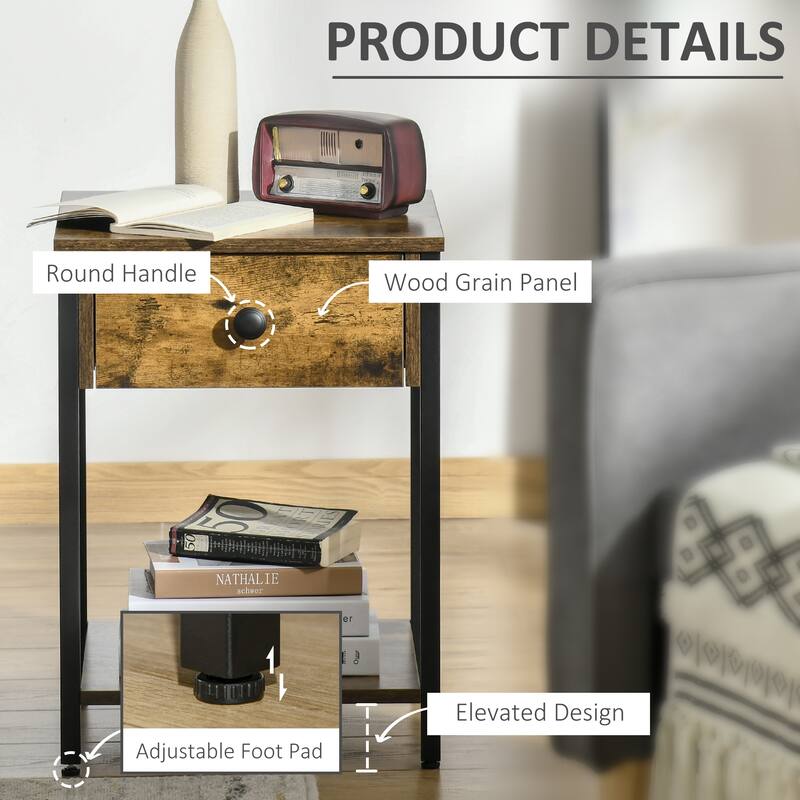 HOMCOM Industrial Side Table with Storage Shelf, Accent Table with Drawer for Living Room, or Bedroom, Rustic Brown