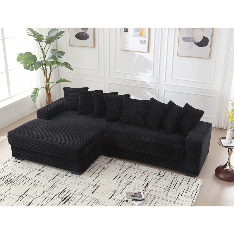 L Shaped Modular Sectional Sofa with Chaise, Oversized Corduroy Upholstered Sleeper Sofa, Floor Corner Sofa with Throw Pillows - Black